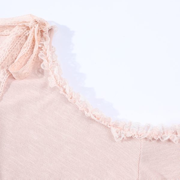 Pink Sweet and Spicy Lace Strap Short Sleeve T-Shirt for Women with Ruffled Edges - Summer Fashion Essential