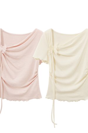 Pink Sweet Women's Off-Shoulder Short Sleeve T-Shirt with Irregular Ruffle Edge and Butterfly Decor, 2025 Summer Fashion Trend