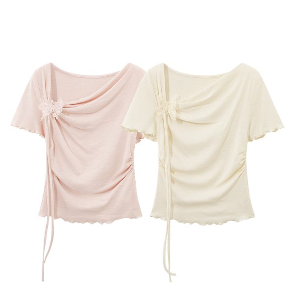 Pink Sweet Women's Off-Shoulder Short Sleeve T-Shirt with Irregular Ruffle Edge and Butterfly Decor, 2025 Summer Fashion Trend
