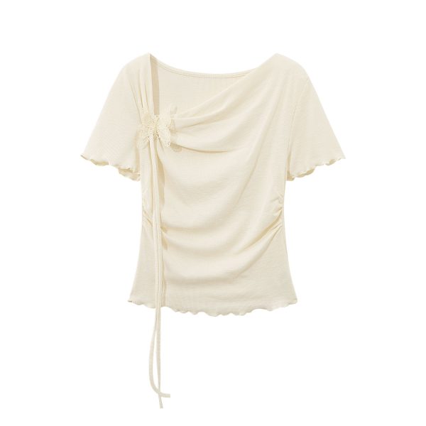 Pink Sweet Women's Off-Shoulder Short Sleeve T-Shirt with Irregular Ruffle Edge and Butterfly Decor, 2025 Summer Fashion Trend