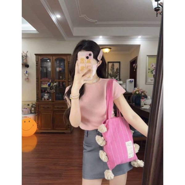 Pink Tassel Shoulder Bag for Women - Artistic Striped Design, Large Capacity Thai Niche Style Underarm Bag