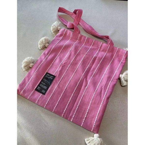 Pink Tassel Shoulder Bag for Women - Artistic Striped Design, Large Capacity Thai Niche Style Underarm Bag