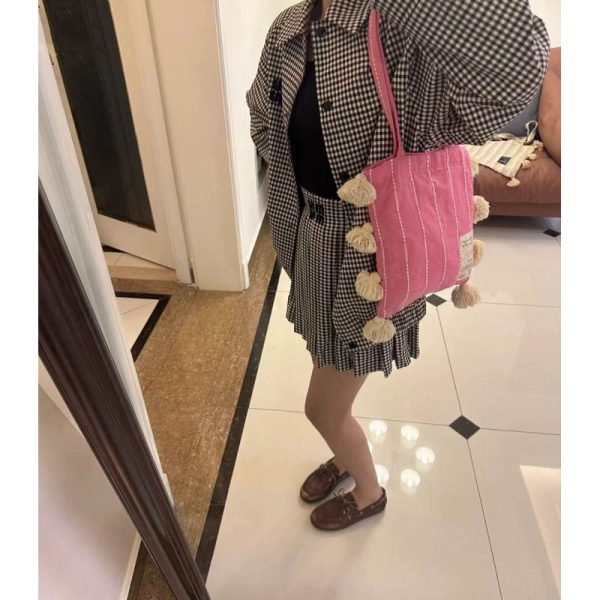 Pink Tassel Shoulder Bag for Women - Artistic Striped Design, Large Capacity Thai Niche Style Underarm Bag