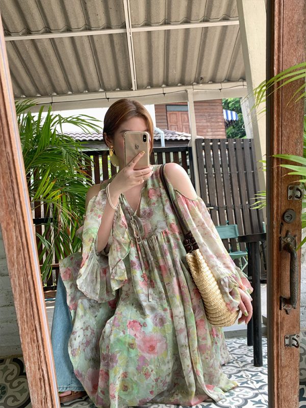Pink Wave Off-Shoulder Chiffon Tie V-Neck Dress - Women's Vintage Spring A-Line Mid-Length Skirt, 90s Inspired Fashion