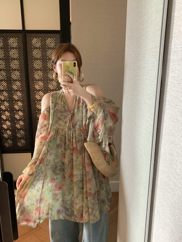 Pink Wave Off-Shoulder Chiffon Tie V-Neck Dress - Women's Vintage Spring A-Line Mid-Length Skirt, 90s Inspired Fashion