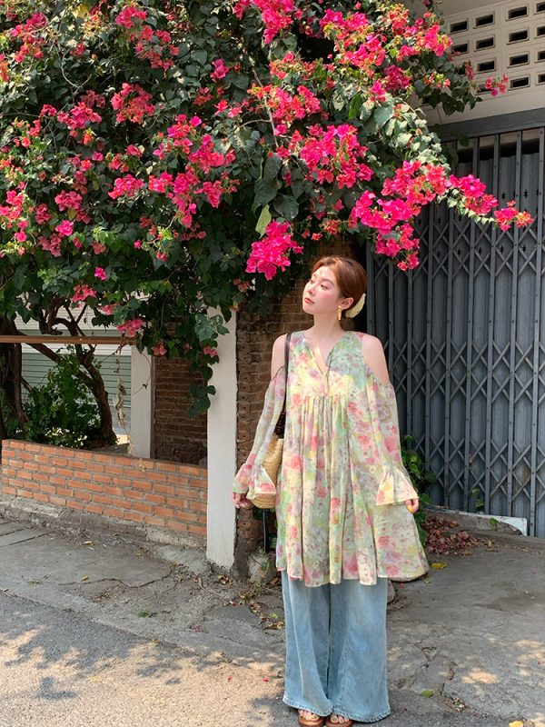 Pink Wave Off-Shoulder Chiffon Tie V-Neck Dress - Women's Vintage Spring A-Line Mid-Length Skirt, 90s Inspired Fashion