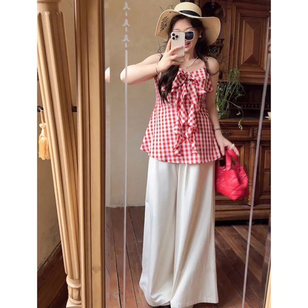 Plaid Bow Tie Sleeveless Top for Plus Size Women - Flattering Summer Blouse for Curvy Figures, Sweet Design and Age-Reducing Style