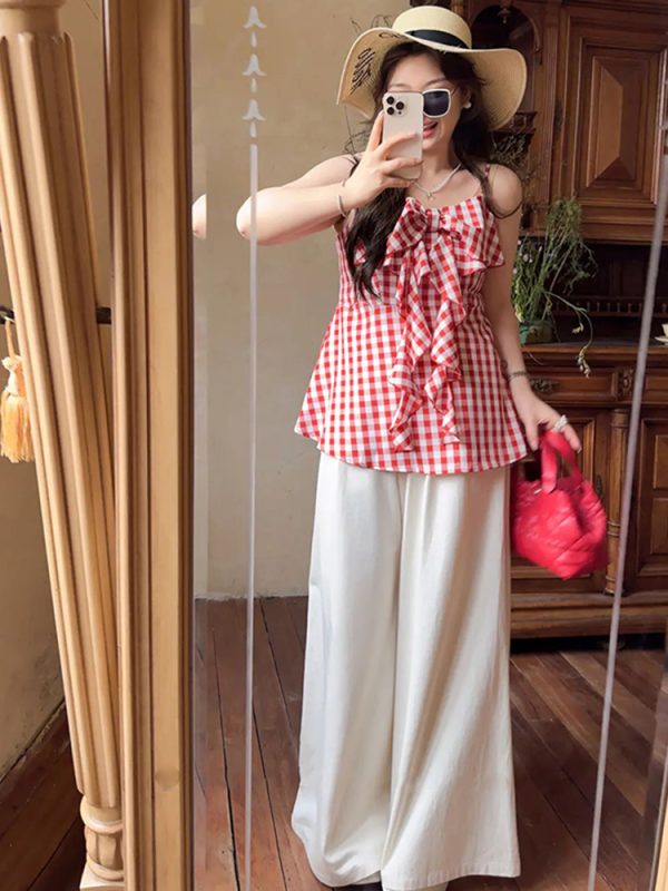 Plaid Bow Tie Sleeveless Top for Plus Size Women - Flattering Summer Blouse for Curvy Figures, Sweet Design and Age-Reducing Style