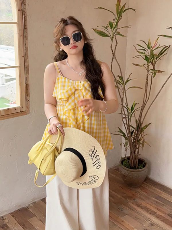 Plaid Bow Tie Sleeveless Top for Plus Size Women - Flattering Summer Blouse for Curvy Figures, Sweet Design and Age-Reducing Style