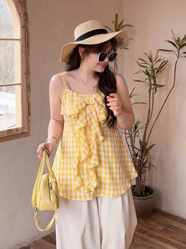 Plaid Bow Tie Sleeveless Top for Plus Size Women - Flattering Summer Blouse for Curvy Figures, Sweet Design and Age-Reducing Style