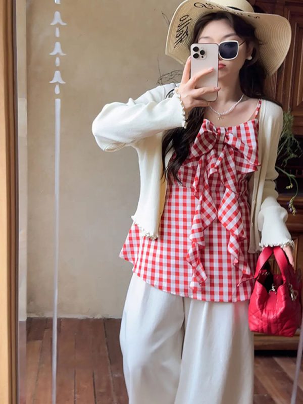 Plaid Bow Tie Sleeveless Top for Plus Size Women - Flattering Summer Blouse for Curvy Figures, Sweet Design and Age-Reducing Style