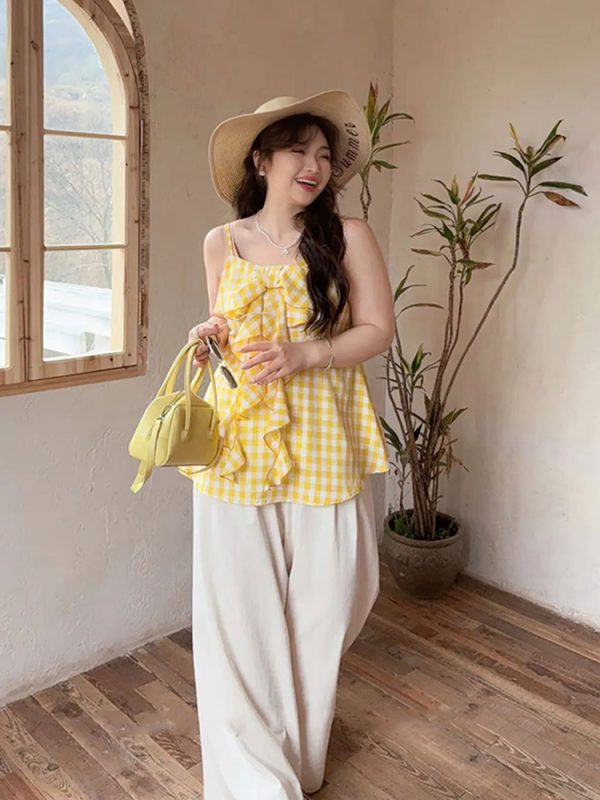 Plaid Bow Tie Sleeveless Top for Plus Size Women - Flattering Summer Blouse for Curvy Figures, Sweet Design and Age-Reducing Style