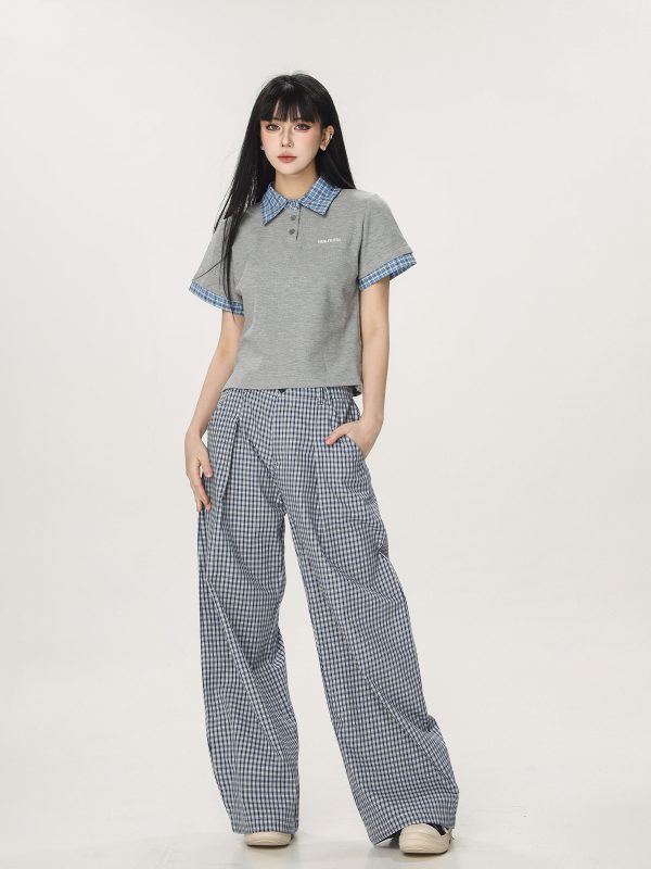 Plaid Casual Pants for Women - Summer Thin Straight Leg Loose BF Wide Leg Style - Trendy American Vibe