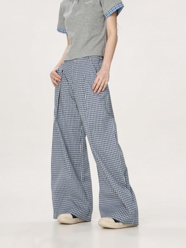 Plaid Casual Pants for Women - Summer Thin Straight Leg Loose BF Wide Leg Style - Trendy American Vibe