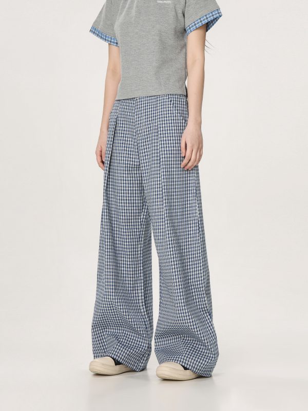 Plaid Casual Pants for Women - Summer Thin Straight Leg Loose BF Wide Leg Style - Trendy American Vibe