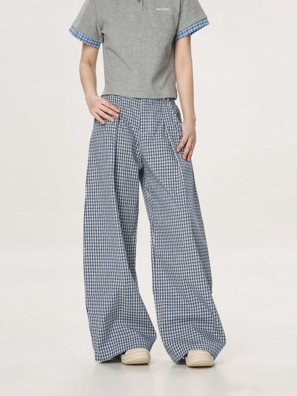 Plaid Casual Pants for Women - Summer Thin Straight Leg Loose BF Wide Leg Style - Trendy American Vibe