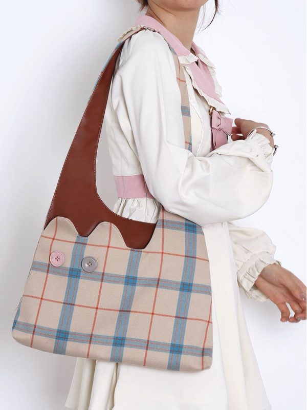 Plaid Color-Blocking Cat Shoulder Bag for Women, Unique Patchwork Design, Large Capacity Crossbody Bag, Cute Fashion Accessory