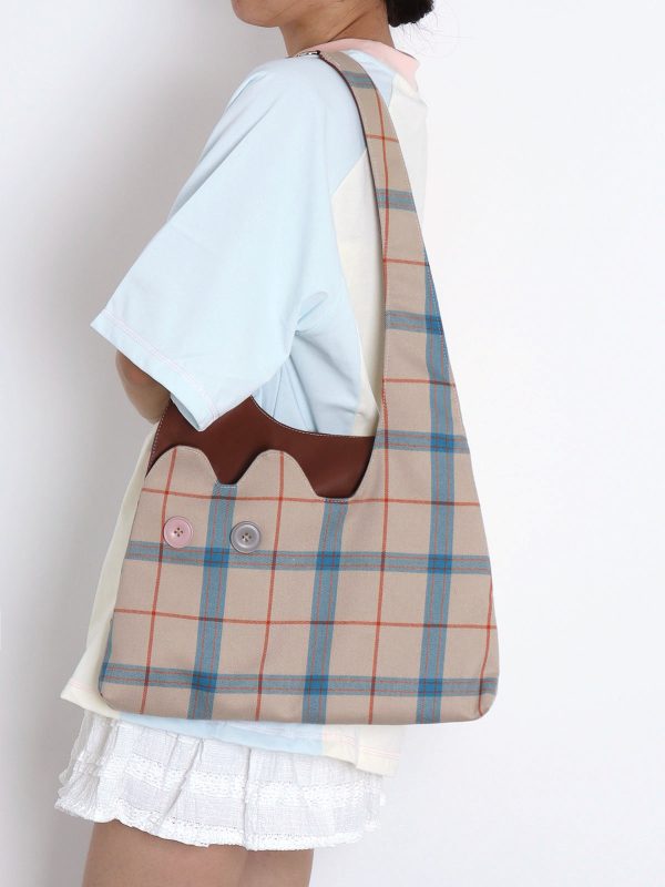 Plaid Color-Blocking Cat Shoulder Bag for Women, Unique Patchwork Design, Large Capacity Crossbody Bag, Cute Fashion Accessory