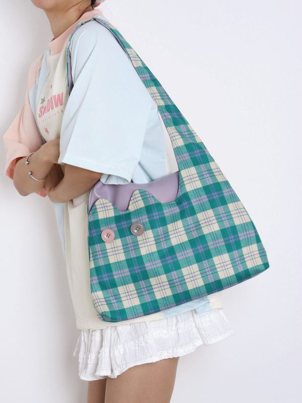 Plaid Color-Blocking Cat Shoulder Bag for Women, Unique Patchwork Design, Large Capacity Crossbody Bag, Cute Fashion Accessory