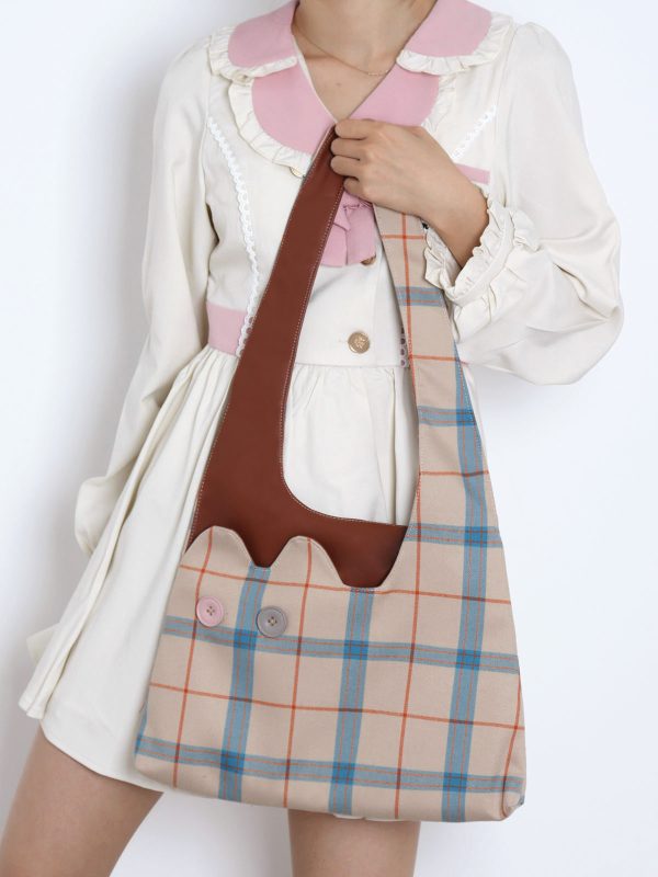 Plaid Color-Blocking Cat Shoulder Bag for Women, Unique Patchwork Design, Large Capacity Crossbody Bag, Cute Fashion Accessory