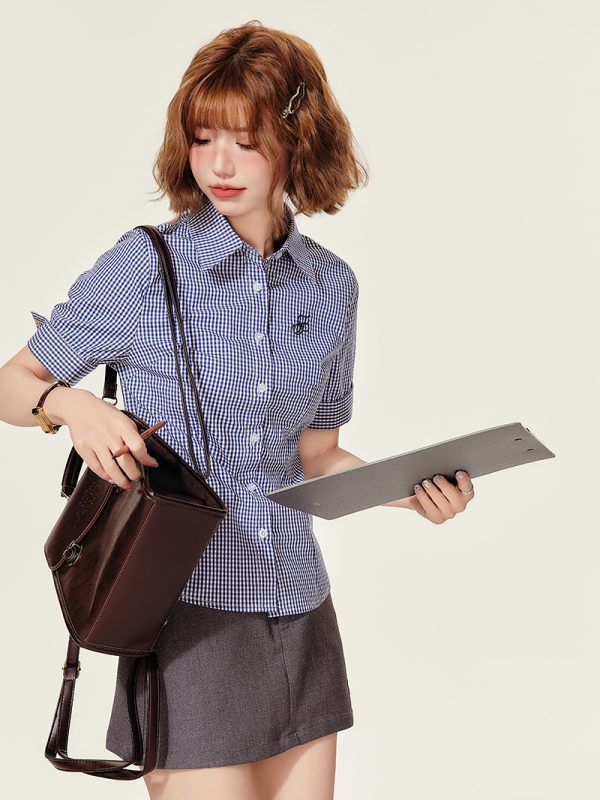 Plaid Embroidered Short Sleeve Shirt for Women - American College Style Waist-Cinching Slim Fit Summer Top