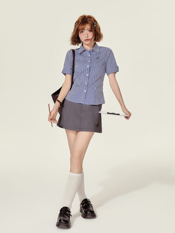 Plaid Embroidered Short Sleeve Shirt for Women - American College Style Waist-Cinching Slim Fit Summer Top