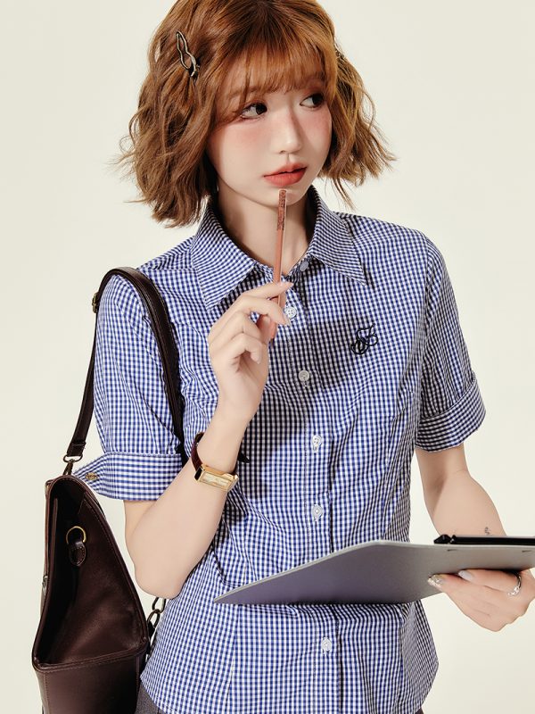 Plaid Embroidered Short Sleeve Shirt for Women - American College Style Waist-Cinching Slim Fit Summer Top