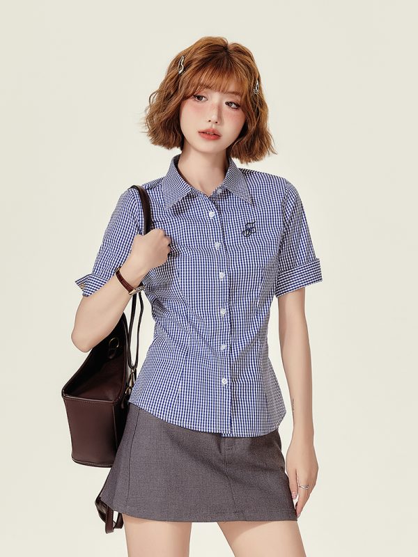 Plaid Embroidered Short Sleeve Shirt for Women - American College Style Waist-Cinching Slim Fit Summer Top