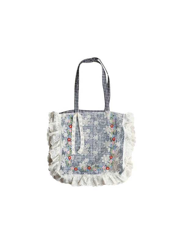 Plaid Lace Trim One-Shoulder Crossbody Bag - Women's Summer Canvas Bag with Floral Design, Vintage Style