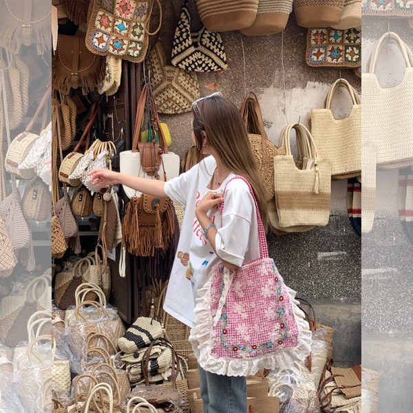 Plaid Lace Trim One-Shoulder Crossbody Bag - Women's Summer Canvas Bag with Floral Design, Vintage Style