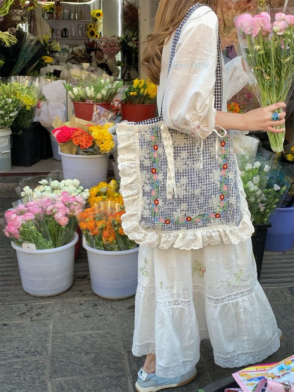 Plaid Lace Trim One-Shoulder Crossbody Bag - Women's Summer Canvas Bag with Floral Design, Vintage Style