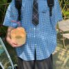 Plaid Short Sleeve Shirt for Women - Handmade Vintage Style - Loose Casual Summer Top - Versatile Niche Trend