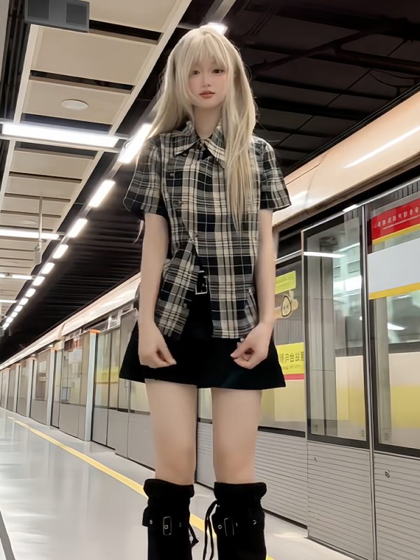 Plaid Short-Sleeve Shirt Jacket for Women - Irregular Button-Up, Slim Fit, American Style, 2025 Summer Fashion