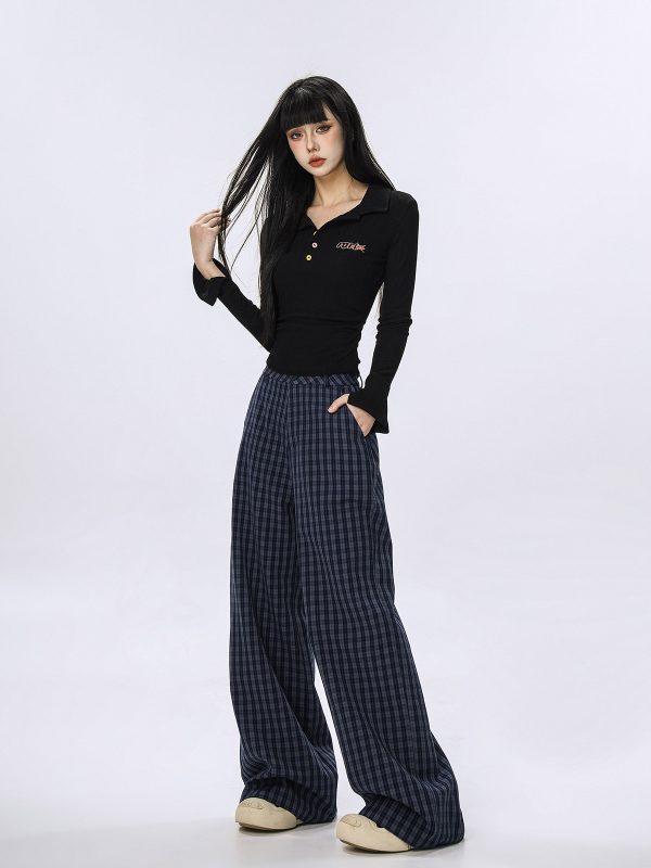 Plaid Wide-Leg Casual Pants for Women - Summer Thin Straight Loose BF Style, Beer Team Captain Inspired Fashion