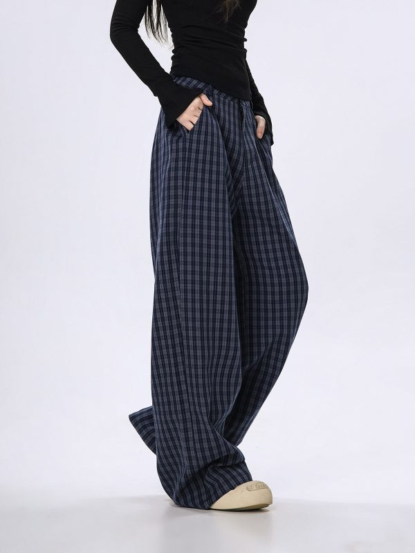 Plaid Wide-Leg Casual Pants for Women - Summer Thin Straight Loose BF Style, Beer Team Captain Inspired Fashion