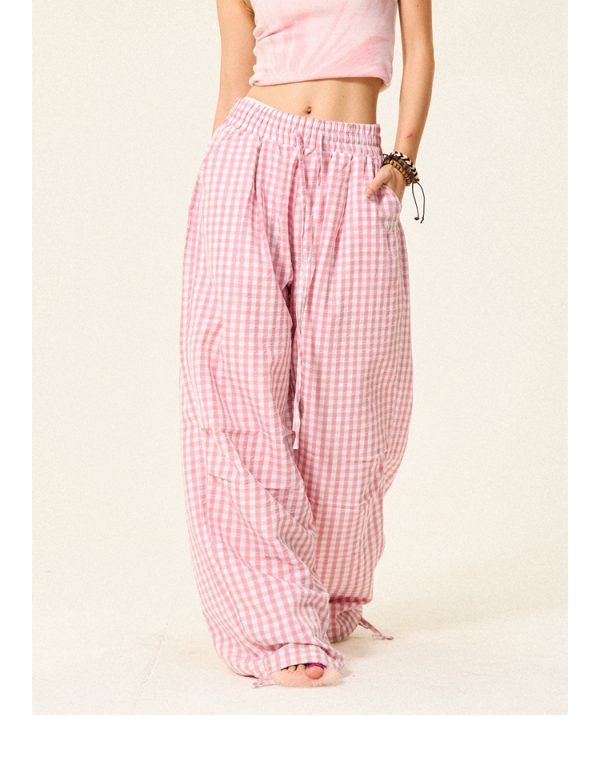 Pleated Checkered Casual Cargo Pants for Women - Summer Thin Wide-Leg Trousers - Y2K Inspired Floor-Length Fashion