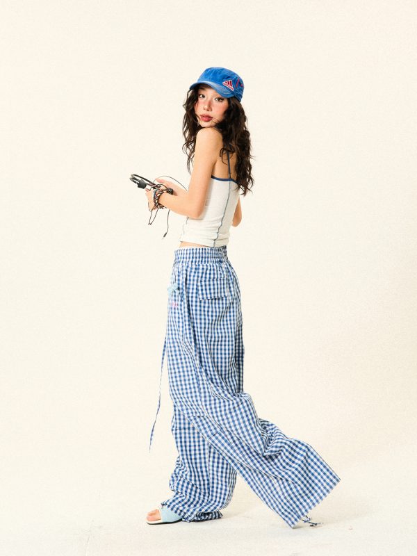 Pleated Checkered Casual Cargo Pants for Women - Summer Thin Wide-Leg Trousers - Y2K Inspired Floor-Length Fashion