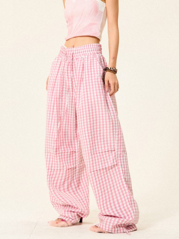 Pleated Checkered Casual Cargo Pants for Women - Summer Thin Wide-Leg Trousers - Y2K Inspired Floor-Length Fashion