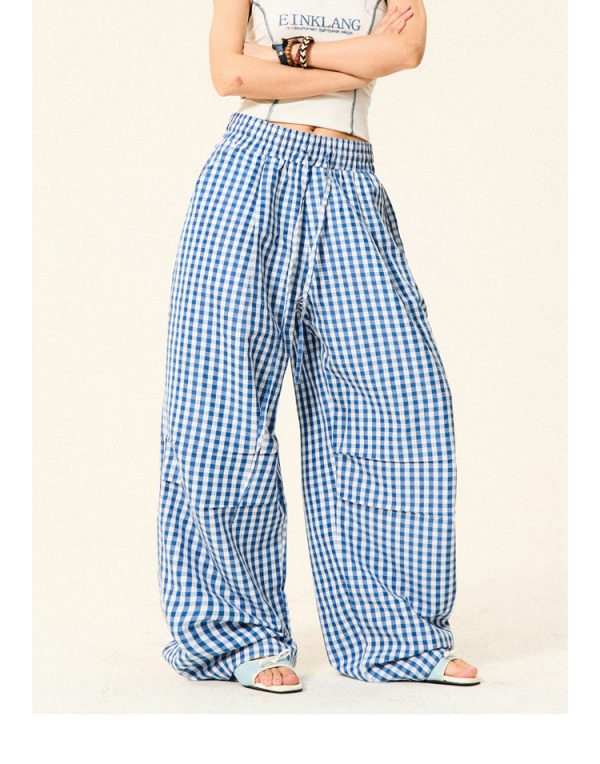 Pleated Checkered Casual Cargo Pants for Women - Summer Thin Wide-Leg Trousers - Y2K Inspired Floor-Length Fashion