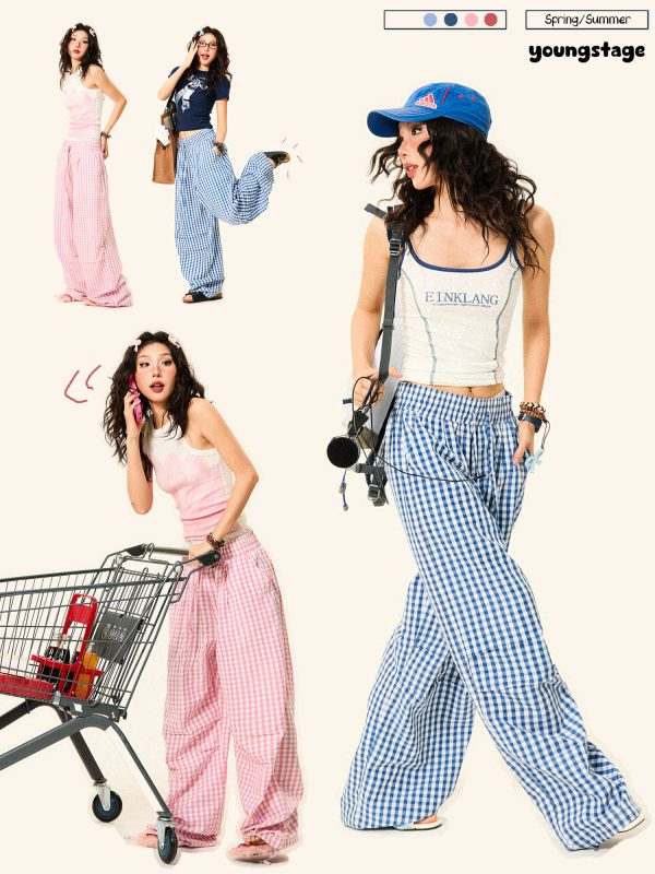 Pleated Checkered Casual Cargo Pants for Women - Summer Thin Wide-Leg Trousers - Y2K Inspired Floor-Length Fashion