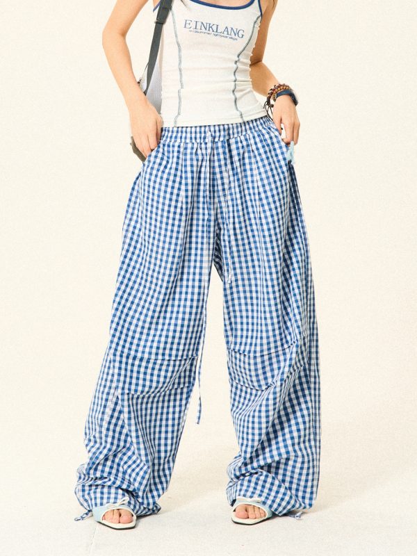 Pleated Checkered Casual Cargo Pants for Women - Summer Thin Wide-Leg Trousers - Y2K Inspired Floor-Length Fashion