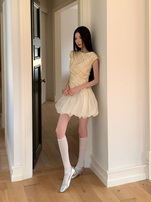 Pleated Summer Flower Bud Dress with Drawstring Waist and Short Sleeves - Slimming Design, Perfect for 90s and Y2K Style
