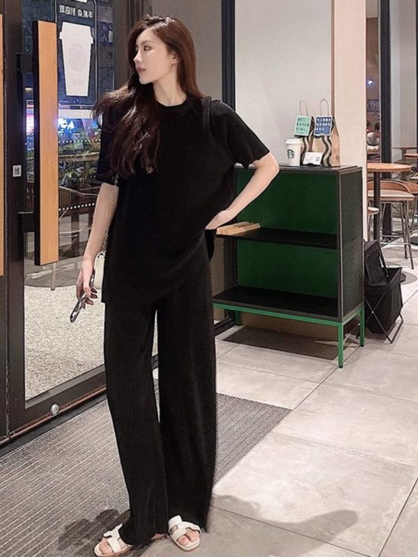 Pleated Two-Piece Set, Miyake Pleats, Slimming Casual Women's Round Neck Top with Straight Floor-Length Pants, Spring/Summer Fashion