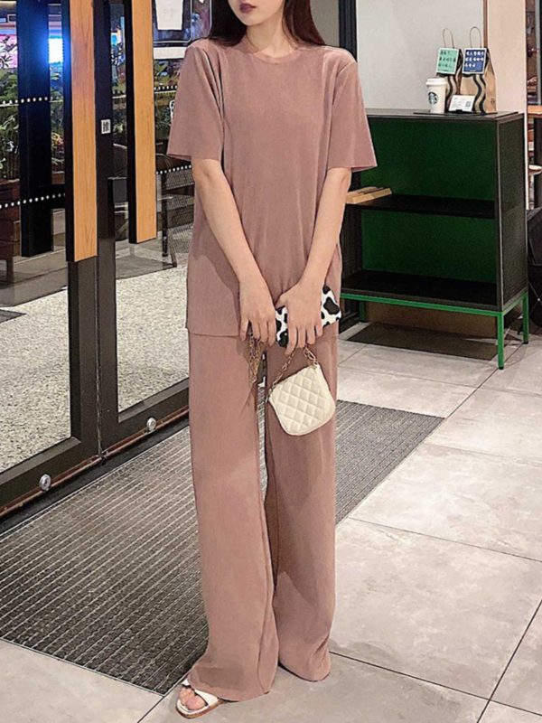 Pleated Two-Piece Set, Miyake Pleats, Slimming Casual Women's Round Neck Top with Straight Floor-Length Pants, Spring/Summer Fashion