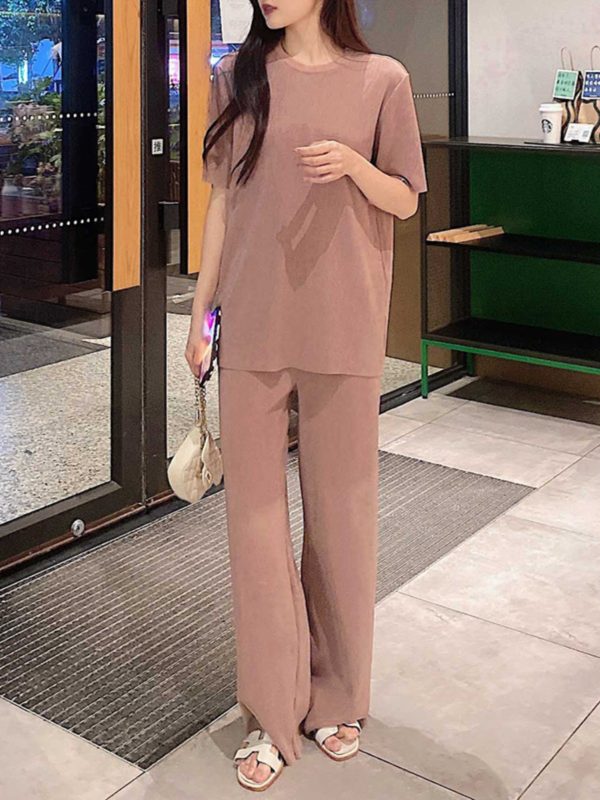 Pleated Two-Piece Set, Miyake Pleats, Slimming Casual Women's Round Neck Top with Straight Floor-Length Pants, Spring/Summer Fashion