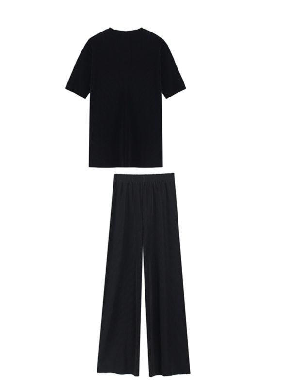 Pleated Two-Piece Set, Miyake Pleats, Slimming Casual Women's Round Neck Top with Straight Floor-Length Pants, Spring/Summer Fashion