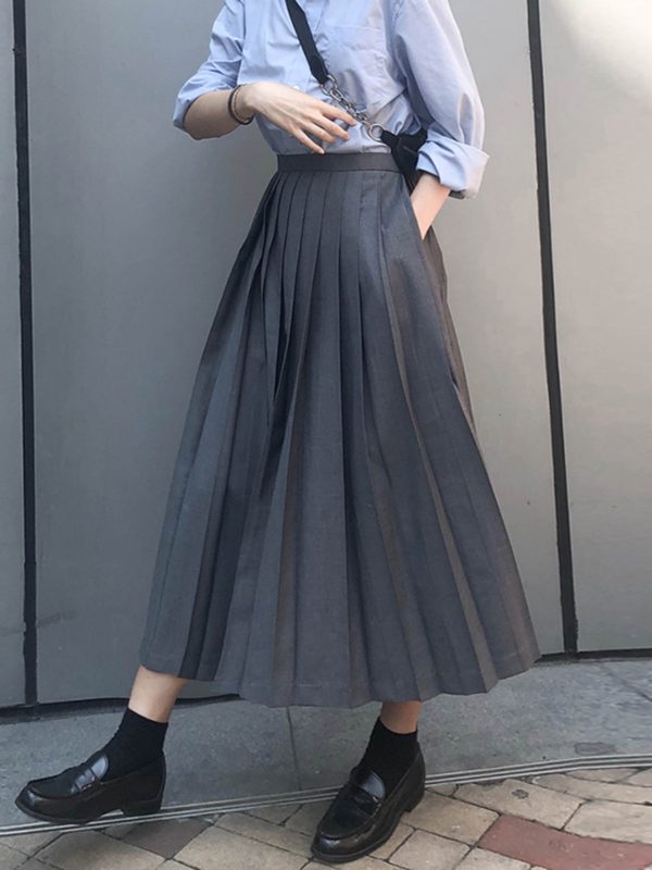 Pleated Umbrella Skirt - Retro Mid-Length Gray Skirt with Pockets for Spring Summer - Stylish High-Temperature Fashion