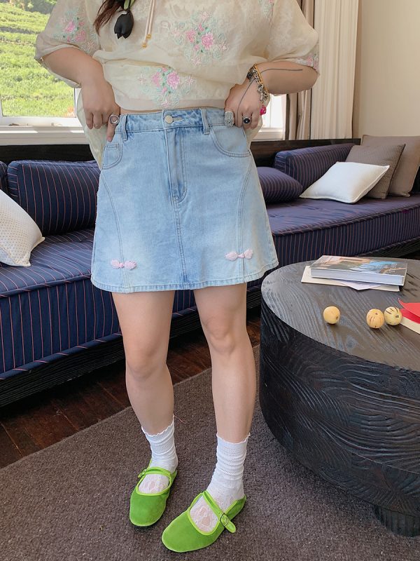 Plus Size A-Line Denim Skirt for Women, Buckle Spliced Design, 2025 Summer Fashion, Trendy Short Skirt for Curvy Style