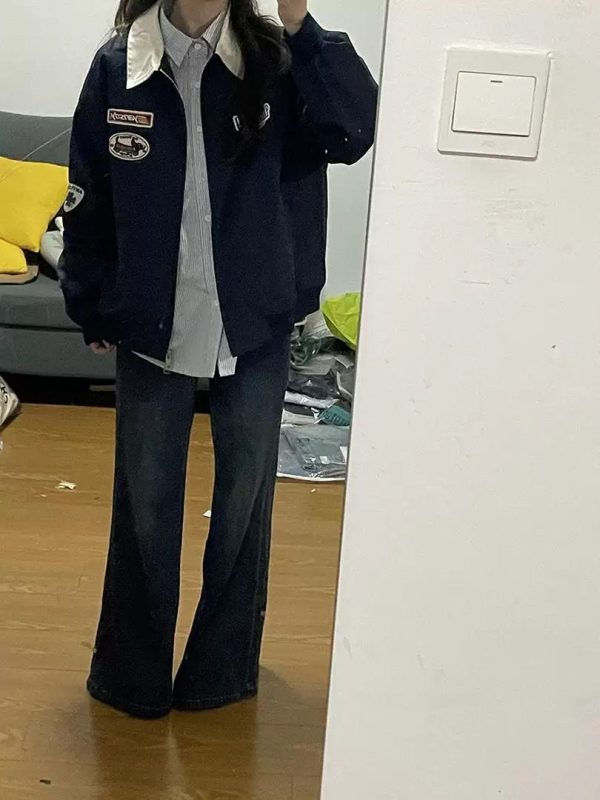 Plus Size American Retro Embroidered Patch Color-Blocking Lapel Jacket for Women - Spring Autumn Baseball Style for Curvy Fits