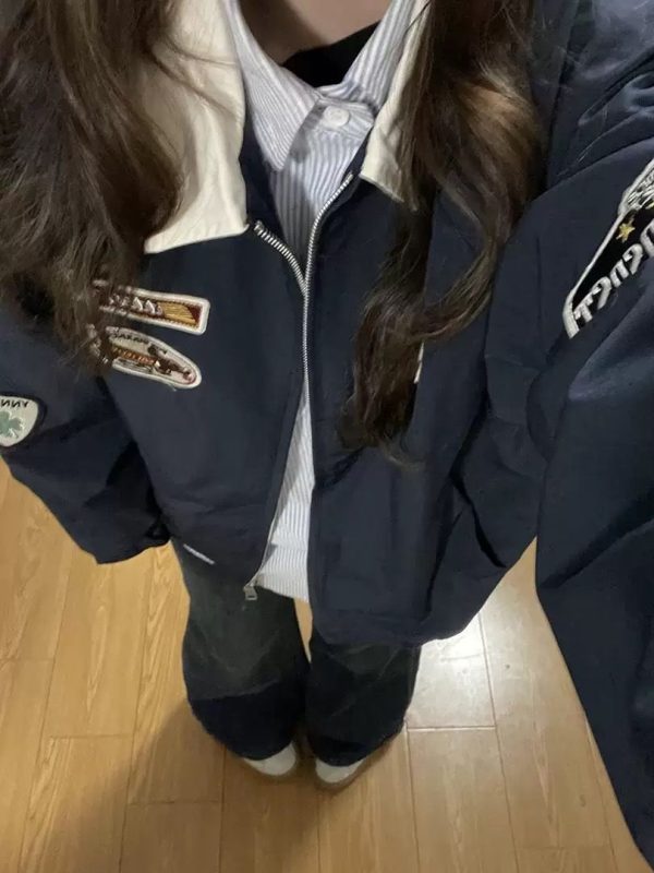 Plus Size American Retro Embroidered Patch Color-Blocking Lapel Jacket for Women - Spring Autumn Baseball Style for Curvy Fits